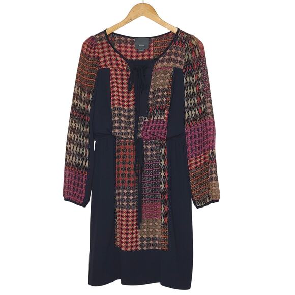 Anthropologie Maeve Peasant Patchwork Print Boho Dress Mini Navy Blue Red Tan XS - Picture 2 of 16